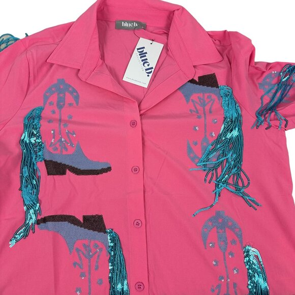 Blue B. Collection Hot Pink Sequin Cowboy Boot Print Button-Down Shirt Size M - Picture 6 of 8